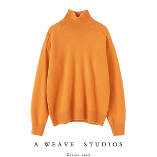 太赞了！好美的一件橘色羊绒衫高领毛衣宽松加厚套头纯羊绒针织衫