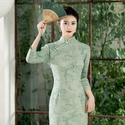中袖旗袍七分袖传统中长款绿色日常可穿中年妈妈年轻款2024年