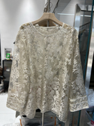 法式优雅刺绣花朵长袖衬衫，高级感圆领镂空设计感蕾丝衫上衣90715