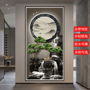 新中式客厅入门贴画走廊竖版背景，墙纸墙画自粘壁画入户玄关装饰画