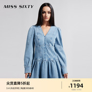 Miss Sixty2024春季牛仔连衣裙女V领长袖短裙荷叶边甜美复古