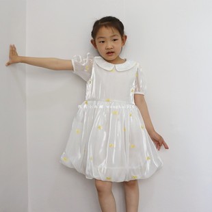 然然夏女童装欧根纱泡泡袖，公主裙刺绣蝴蝶结，短袖连衣裙子110-160