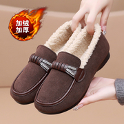 加绒老人棉鞋冬季防滑外穿老北京布鞋一脚蹬休闲鞋老太太皮鞋软底