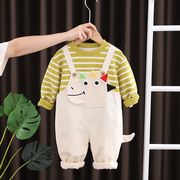 婴儿童春秋套装韩版可爱恐龙长袖T恤+背带裤童装1一5岁男宝宝衣服
