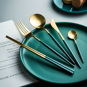 墨绿304不锈钢叉勺筷套装金色，牛排餐具，主餐叉主餐勺甜品勺子