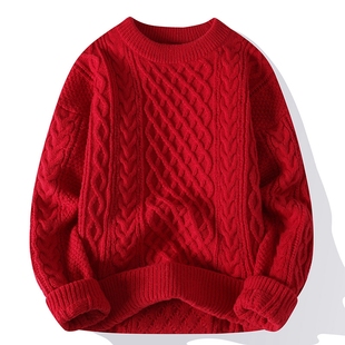 本命年大红色毛衣秋冬季男慵懒高级感粗麻花针织，外套圣诞情侣线衣