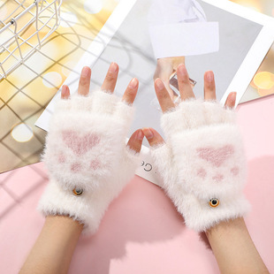 毛绒手套 保暖女士加绒加厚可爱卡通猫爪韩版冬季半指翻盖手套女