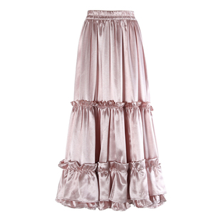 荷叶边光泽感缎面半身裙质感，重工仙女裙，伞裙粉色超美的宫廷风长裙