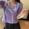夏季2020韩版网红短袖针织衫女洋气紫色开衫薄款外搭短款上衣