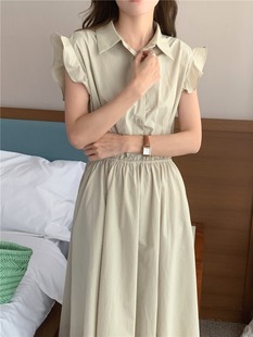 韩国chic夏季减龄复古小众气质简约小清新荷叶边中长款纯色连衣裙