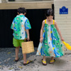 兄妹装女童炸街绿色碎花吊带连衣裙纯棉夏季沙滩裙法式高级感夏款