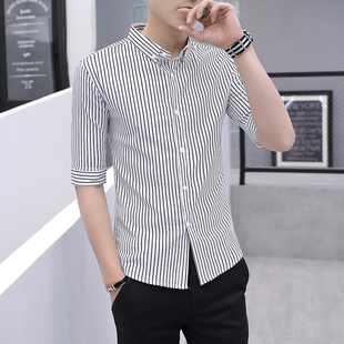 夏季条纹中袖衬衫男韩版修身短袖，寸衫男装潮流半袖休闲七分袖衬衣