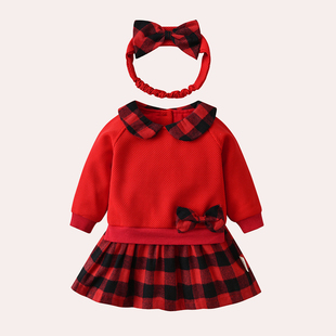 女童秋装连衣裙长袖婴儿周岁礼服洋气红色公主裙纯棉春秋小童裙子