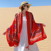 时尚拍照红色旅游披肩围巾女民族，风外搭舒适大披风沙漠，包头巾(包头巾)纱巾