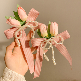粉色郁金香花朵珍珠蝴蝶结，发夹女夏侧边夹高级感发卡夹子头饰发饰