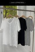 JIAX 2023春夏镂空花纹设计感V领上衣女韩版小众蕾丝短袖t恤