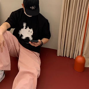 韩国男装搞怪视觉系印花可爱小猫，潮流减龄设计感宽松短袖t恤