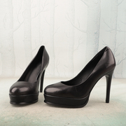 黑色胎牛皮真皮，防水台超高跟圆头，细跟时尚女鞋子浅口单鞋x107-2