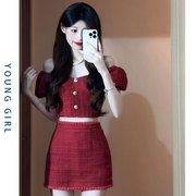 小香风高级时装套装2024夏季设计感小众甜辣红色复古两件套裙