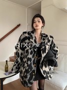 RIXO EXIT法式复古高级感豹纹西装外套宽松加厚中长款毛呢大衣女