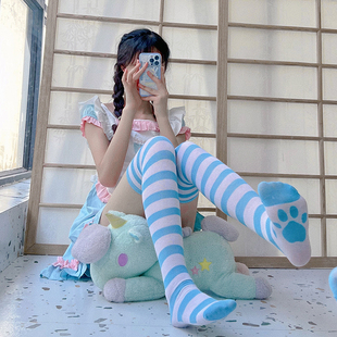 蓝白条纹猫爪cos棉袜女日系，可爱加长高个子大腿动漫舞蹈表演袜子
