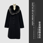 vintage秋冬加厚中长款羊毛呢子，大衣女气质黑色高档狐狸毛领外套