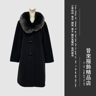 vintage秋冬加厚中长款羊毛，呢子大衣女气质黑色，高档狐狸毛领外套
