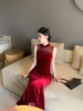 「红绡」复古优雅新中式无袖，小礼服超显白酒红色丝绒玫瑰连衣裙