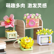 中国积木多肉植物盆栽花束摆件拼装儿童玩具女孩子可爱女生礼物