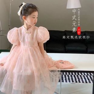 女童中式旗袍连衣裙夏季洋气女孩中国风，儿童法式泡泡袖公主裙