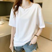 韩系夏装女短袖t恤情侣装，上衣半袖白色2022年宽松长款休闲体恤棉