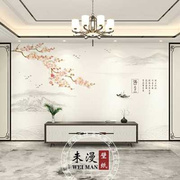 现代简约中式素雅花鸟山水壁纸，电视背景墙纸客厅沙发装饰壁画