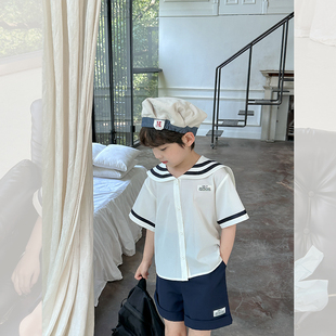 虾酱麻麻男童衬衫套装，夏季2023宝宝，洋气海军风儿童短袖衣服潮