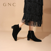 GNC小鹿靴女2023冬季气质尖头复古百羊皮粗跟弹力瘦瘦靴短靴