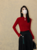 国风新中式真丝羊毛盘扣针织衫女镂空细坑条本命红色打底衫上衣