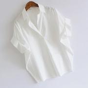 设计蝙蝠宽松感小众年衬衫v潮领领女夏季polo袖白色衬衣2023