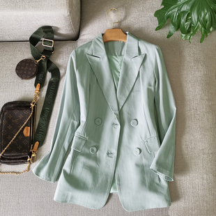 淡绿色西服双排扣宽松显瘦休闲西装外套早春夏，薄款女百搭上衣351