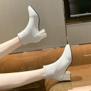 白色飞织瘦瘦靴女2023高跟，短靴时尚粗跟马丁靴针织弹力袜靴子