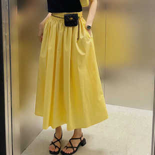 法式黄色大摆伞裙半身裙女春夏，薄款松紧腰，a字半裙设计感中长裙子