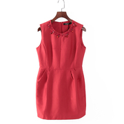 品牌系列春夏款女装，库存折扣大红色，收腰无袖连衣裙f1492