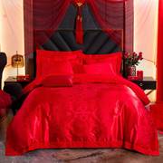 新 款喜嫁床上用品大红色结婚四件套纯棉贡缎提花婚庆床单被套床