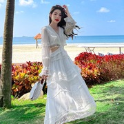 夏季2023长袖白色性感露背超仙雪纺蕾丝仙女裙旅游度假连衣裙