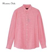 Massimo Dutti男士休闲衬衬衫亚麻 日常百搭舒长袖上衣粉白条纹