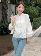 新中式圆领蕾丝衬衫女2024春夏季法式气质，百搭显瘦打底上衣潮