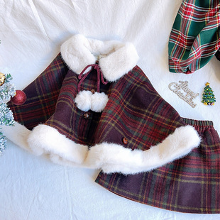 女童圣诞套装红格子毛呢斗篷，短外套冬季半裙小女孩加绒两件套