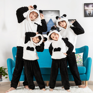 儿童卡通大熊猫动物睡衣，秋冬款法兰绒亲子家居服，套装珊瑚绒男女孩