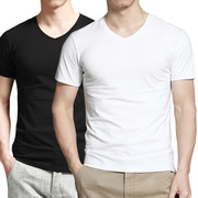 夏季时尚男士短袖t恤莱卡棉透气大小码白色，圆v领打底半袖衫薄款