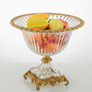 欧式水晶镶铜创意高脚水果盘美式别墅客厅茶几餐桌装饰果盆摆件