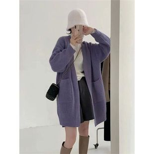 紫色毛衣外套女冬无扣慵懒温，柔风加厚气质中长款针织开衫上衣