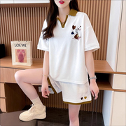 拼色刺绣短袖+短裤套装女夏季韩版宽松特大码200-300斤两件套
